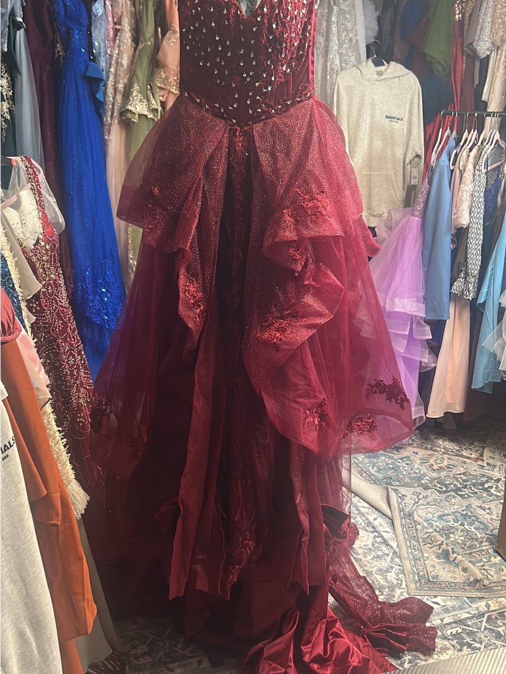Glamorous Burgundy Beaded Ruffled Prom Gown